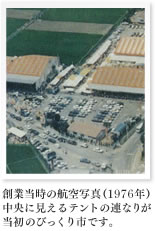 創業当時の航空写真(1976年)中央に見えるテントの連なりが当初のびっくり市です。